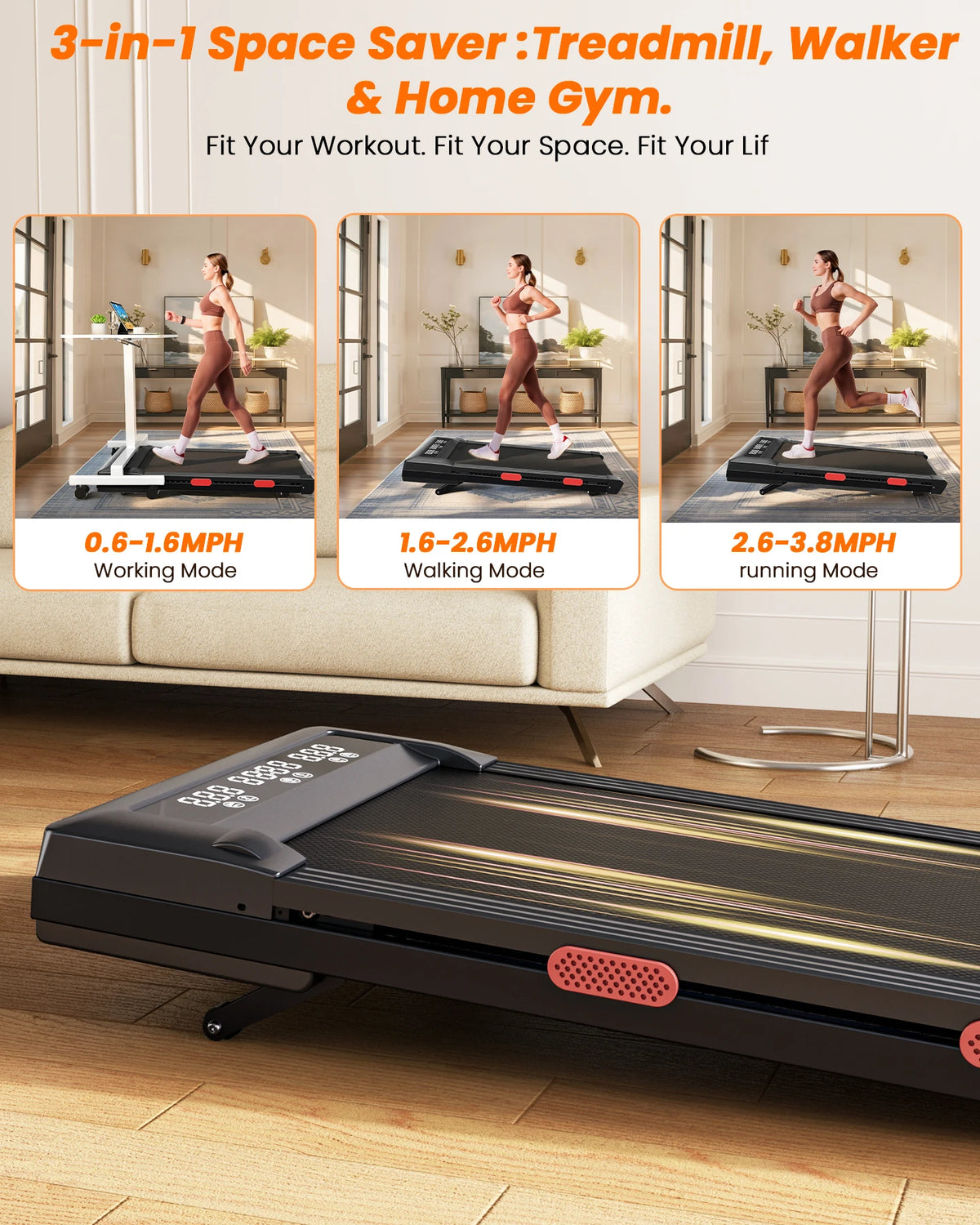 Superun 3.0HP Walking Pad|Under Desk Treadmill|9% Incline|Adjustable Speed 1-6KM/H|LCD display|300lbs weight limit
