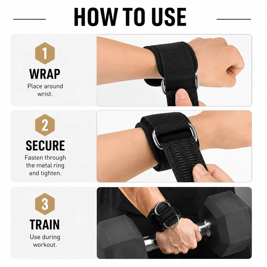 D-Ring Wrist Straps Gym Lifting Support, Heavy Duty Cable Attachment With Wrist Support Padsg